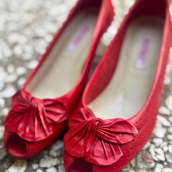 Vintage Westies Red Leather Peep Toe Heels Size 7.5 Narrow - Picture 6 of 7
